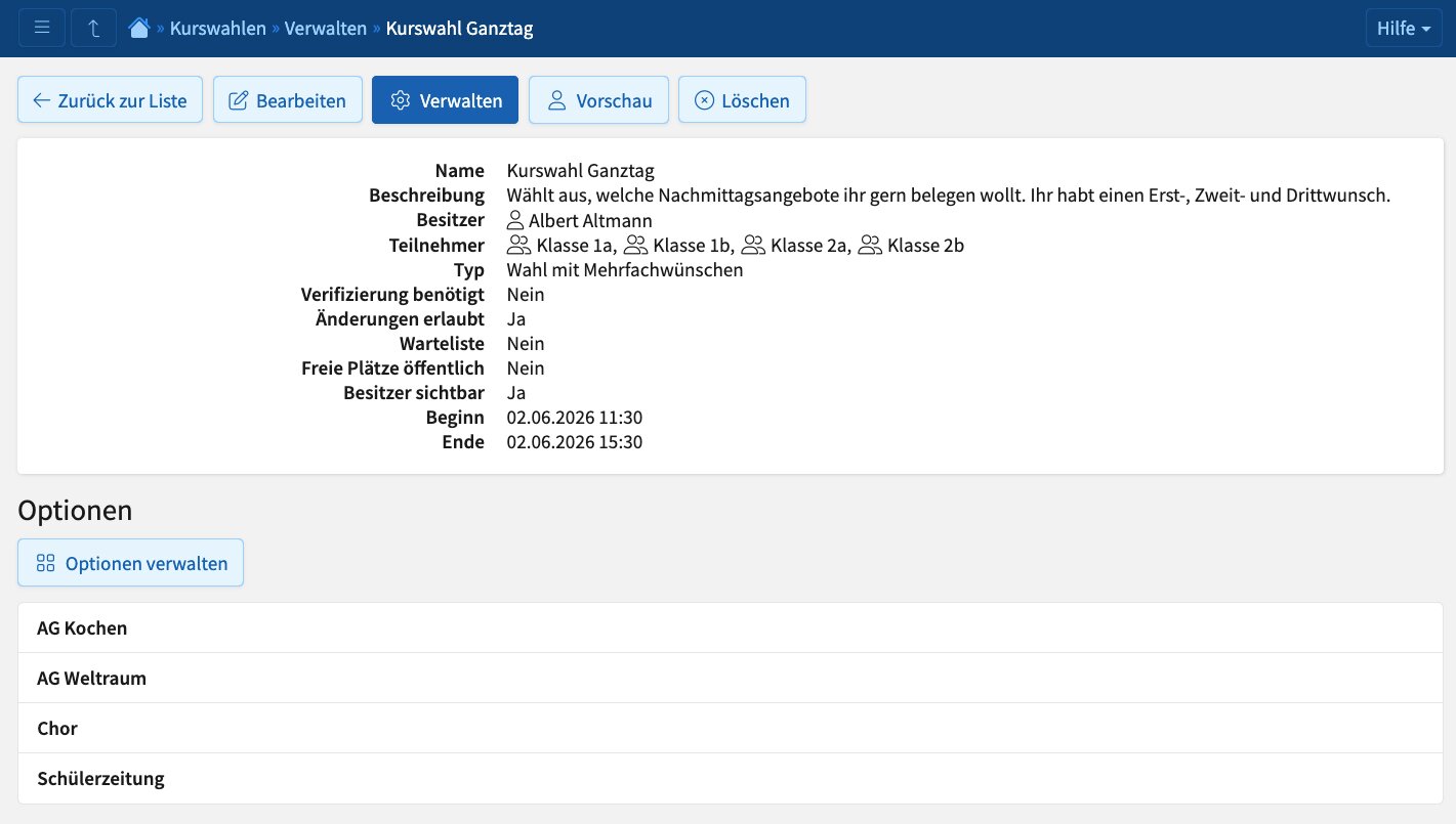 Screenshot: Detailansicht einer Wahl im Kurswahlen-Modul